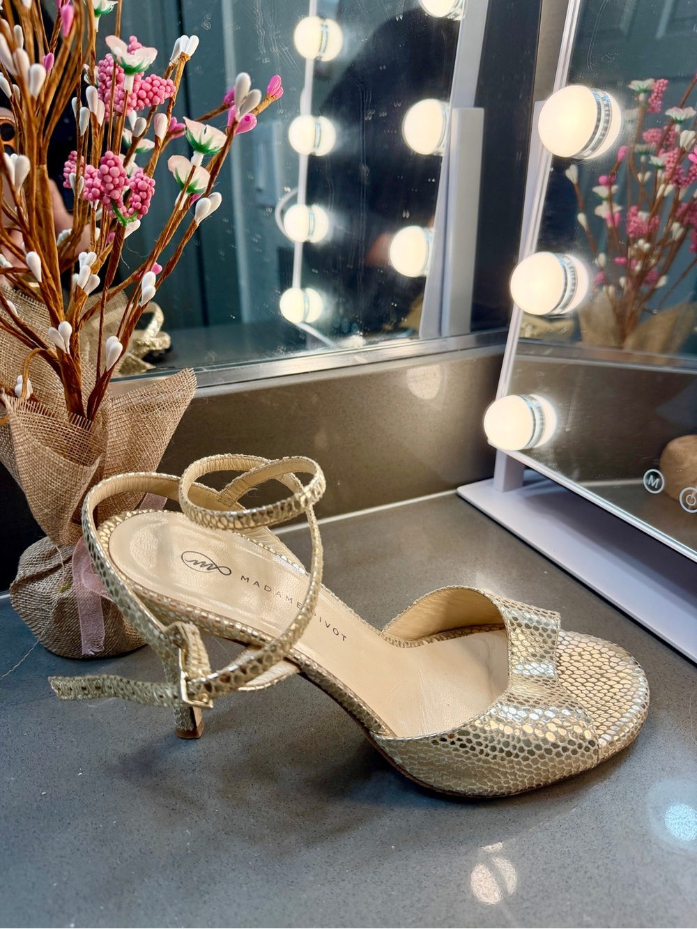 Metallic Gold Snake-Textured Strappy Heels for Tango Dancing by Madame Pivot